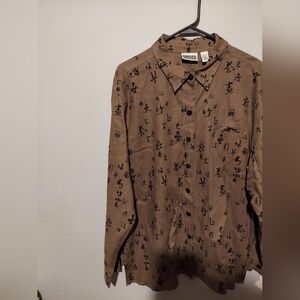 Vintage Chico's Design Button Down Shirt Asian Linen Blend Calligraphy Size 3